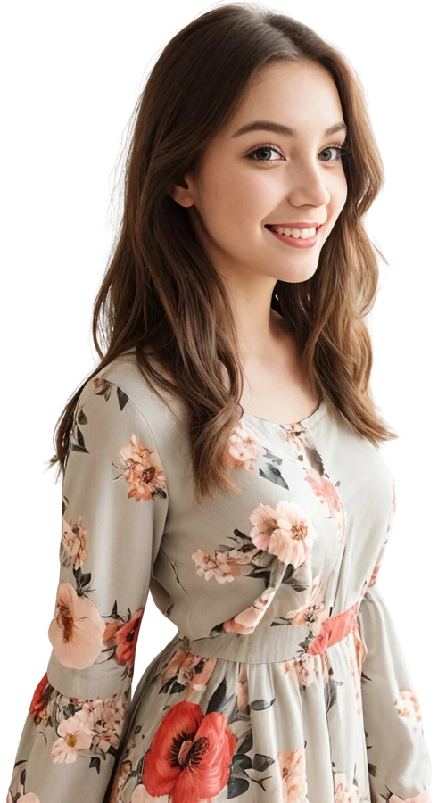 Realistic brunette AI companion wearing a floral dress